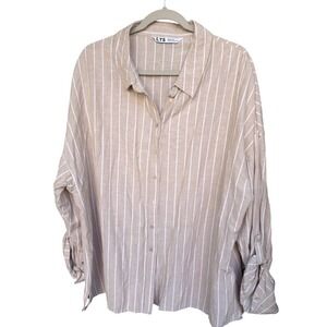 Long Tall Sally Tan White Striped Linen Blend Roll Tab Button Down Shirt 18-20